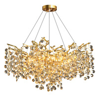 Lustre décoratif en forme de branche d'arbre dorée avec perles de cristal, télécommande pour salon, restaurant, hôtel, plafond de luxe