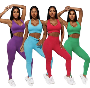 Women's Quick-Drying Yoga Wear Set Breathable Solid Pattern Seamless <b>Sports</b> <b>Bra</b> Vest Leggings Gym Front Elastic Waist 2-Piece - Product Image 4