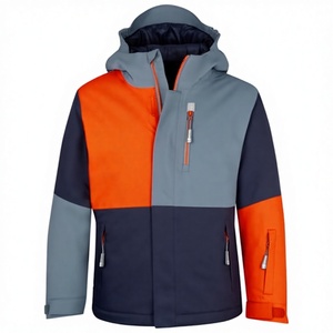 Veste d'hiver à capuche pour garçons avec fermeture éclair et design imperméable, en patchwork, couleurs orange, gris et bleu marine - Product Image 2