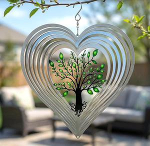 Sculpture éolienne en métal en forme de cœur avec arbre, décoration suspendue pour jardin, cour, véranda et patio - Product Image 3