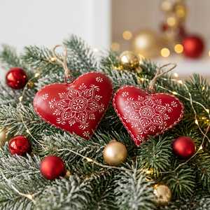 Ornements de Noël en métal rouge en forme de cœur avec motif floral blanc, décoration suspendue pour arbre de Noël - Product Image 3