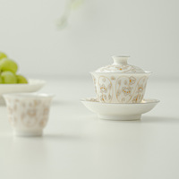Baoxiang keramik mewah Gaiwan terbungkus bunga Lotus domba lemak giok putih tiga cangkir Tureen dapat diakses untuk Set Kopi & Teh