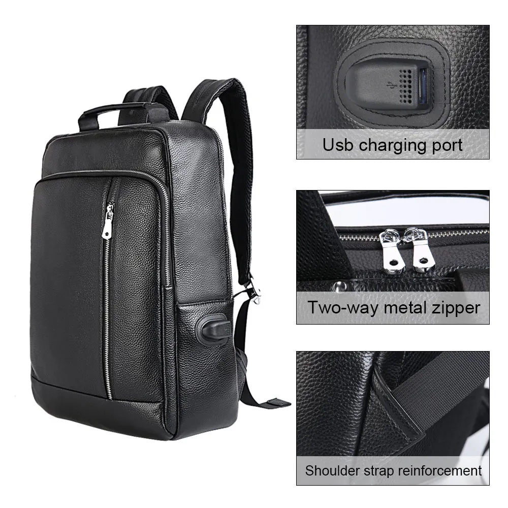 Tiding Custom Logo Black 'Geniune' Leather Usb Charger Backpack School Leather back Bag For Man