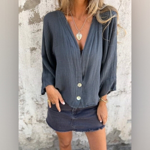 เสื้อยืดทรงหลวมแบบใหม่สำหรับผู้หญิง เสื้อเชิ้ตผ้าลินินลำลองคอวีแฟชั่น - Product Image 1