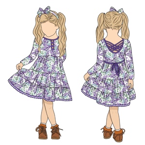 Soft Comfortable Milk Protein Fiber Ruffled Front Buttons Back <strong>Drawstring</strong> Criss-Cross <strong>Eyelet</strong> Lace Girl Dress - Product Image 3