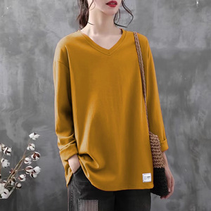 V-Neck Long Sleeve T-Shirt Loose Fit Knitted Women's Autumn Solid Color Yellow T-Shirt - Product Image 1