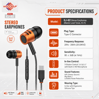 Hi-Fi Tanpa Kehilangan Kualitas Suara, Bass Mendalam, Audio Berat, Tipe-C USB-C Berkabel, In-Ear, Tahan Air IPX5, 1.2m untuk Earphone Seluler, Earbud, Headset Gaming