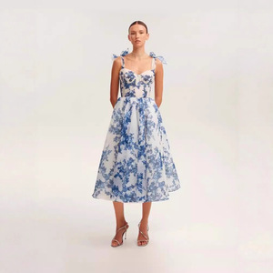 Vestido de noche de organza con estampado floral y hombros descubiertos, cintura imperio, largo y elegante para mujer, azul y rosa - Product Image 1