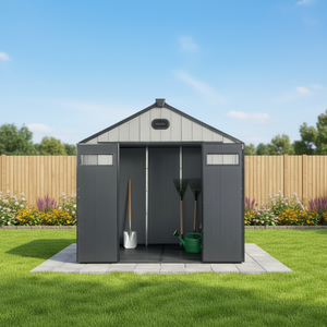 Abri à outils en plastique gris imitation bois 8x6 pieds avec porte verrouillable, y compris un cadenas, <span class=keywords><strong>pour</strong></span> outils <span class=keywords><strong>de</strong></span> <span class=keywords><strong>jardin</strong></span>, <span class=keywords><strong>tondeuse</strong></span> à gazon, vélos et plus encore - Product Image 3