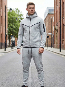 Ensemble sweat-shirt à capuche zippé gris pour homme, en molleton de coton, pantalon de jogging, streetwear personnalisé, vêtements d'hiver - Product Image 1