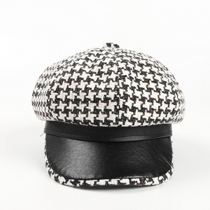 Casquette plate vintage <span class=keywords><strong>en</strong></span> laine et cuir pour femme, style newsboy, à motif pied-de-poule, béret, chapeau octogonal - Product Image 4