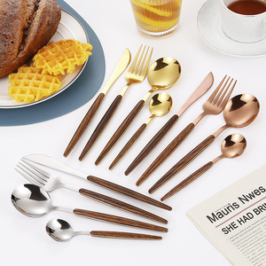 Juego de tenedores y cuchillos para carne de acero inoxidable con mango de madera, 20-40 piezas, para catering, vajilla occidental - Product Image 1