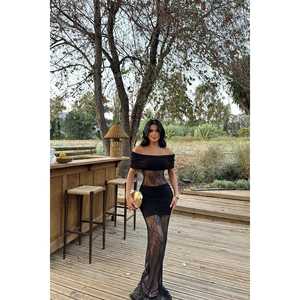 Robe longue de soirée trapèze avec détails en dentelle et sequins, en polyester crocheté, taille empire, col cœur, style vintage, taille XL, noire - Product Image 2