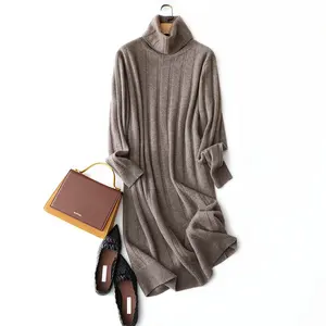 Winter New High Neck 100% Cashmere Sweater Women's Long Skirt Loose Bottoming Knitted Dress