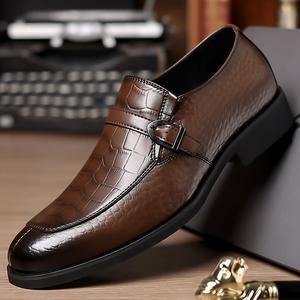 Leather Loafers <b>Men</b> Pointed Toe Buckle Strap Anti Slip Office Career Autumn <b>Dress</b> Shoes Crocodile Print Genuine Leather Upper - Product Image 1