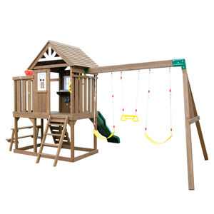 Wooden Backyard <b>Swing</b> <b>Set</b> with Playhouse, Green <b>Slide</b>, Climbing Ladder & 3 <b>Swings</b> - All-in-One Kids Outdoor Playground - Product Image 1