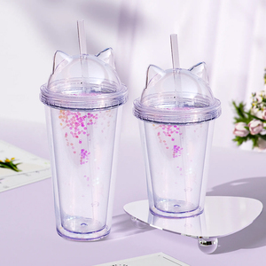 Tumori per orecchie di gatto a doppia parete tazza di plastica con coperchio fai da te Glitter 10oz 16oz 24oz bottiglia per bevande a doppia parete in acrilico per bambini - Product Image 3