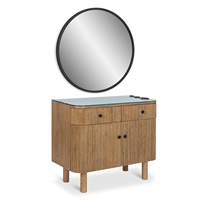Station de coiffure moderne en bois grainé - Meuble de rangement avec tiroirs, espace de rangement et support pour outils chauffants