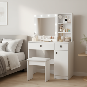 Coiffeuse blanche avec miroir éclairé à luminosité réglable, ensemble de meubles modernes pour chambre à coucher avec tiroirs de rangement et étagère - Product Image 2