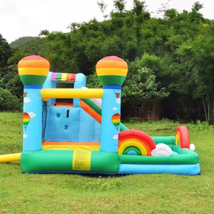 Château gonflable en forme de montgolfière avec toboggan, thème arc-en-ciel - Product Image 4