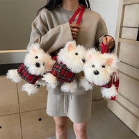Sac à dos carré en peluche de coton pour fille, motif animalier Kawaii, style dessin animé, avec motif chien West Highland, sac à main en fourrure, vente en gros