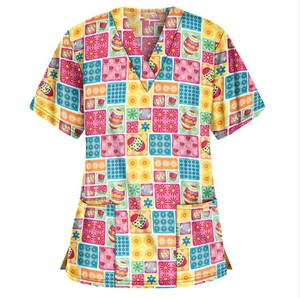 Divisa da Infermiera per Donne, Maglietta a Maniche Corte con Scollo a V e Tasca, Motivo Coniglietto e Uova per Insegnanti di Asilo - Product Image 5