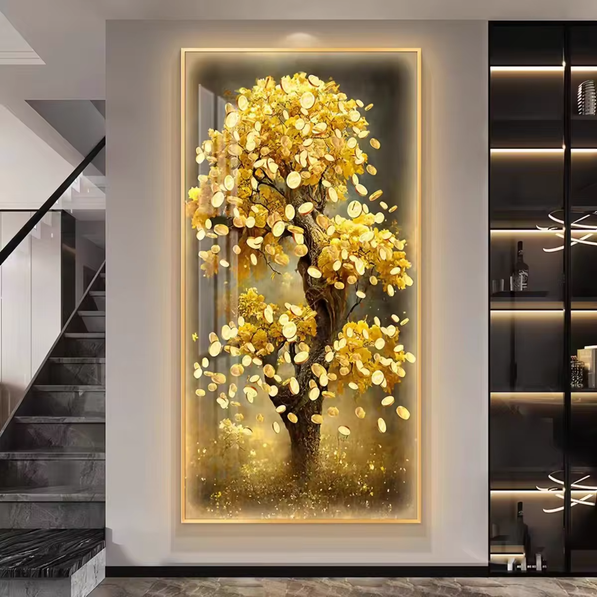 Arte de pared Led al por mayor, pintura 3D, decoración del hogar, iluminación, decoración del hogar, árbol dorado, pintura de porcelana de cristal