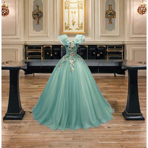 Modern 2023 High Quality A-Line <strong>Ball</strong> <strong>Gown</strong> 3D Flower Appliques Tulle Deep V-neck Lace-up Formal Evening Party Dress for <strong>Women</strong> - Product Image 1
