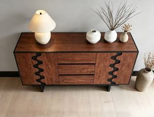 Premium Wavy Inlay Wooden Sideboard 2-Door 3-<b>Drawer</b> Large <b>Storage</b> Mid Century Modern Credenza <b>For</b> Living Room Dining Room - Product Image 5