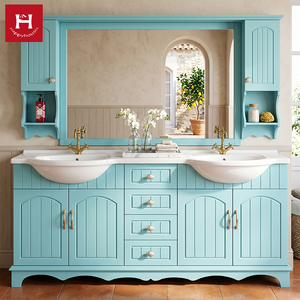 Mueble de Baño Mediterráneo Happy Houses con Doble Lavabo, Base Festoneada de Madera Sólida y Gabinete con Revestimiento de Listones para Casa de <span class=keywords><strong>Playa</strong></span>, Hotel o Villa - Product Image 1
