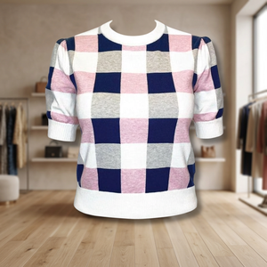 SS24 Custom Women's Casual Summer Fashionable Rhapsody <b>Check</b> Stitches Short Front Thin 100% Combed Cotton Anti-Wrinkle 12GG - Product Image 3