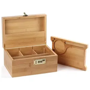 صندوق تخزين بشعار ولون مخصص برطمانات خشبية مضادة للرائحة صندوق من الخيزران لإكسسوارات التدخين مع صينية دوارة