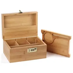 Aangepaste Logo En Kleur Opbergdoos Geur Proof Potten Houten Bamboe Stash Box Roken Accessoires Met Rollende Lade