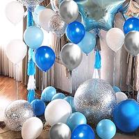 Kit de 50 ballons confettis métalliques bleus, argentés et blancs de 10 pouces pour Halloween, Noël, anniversaire de garçon, fête de bébé, remise de diplôme