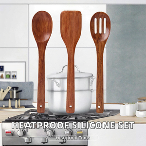 Ensemble d'ustensiles de cuisine en bois 3 pièces : spatule, cuillère, cuillère ajourée, résistant à la chaleur pour ustensiles de cuisson antiadhésifs - Product Image 2
