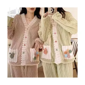 New Autumn and Winter Rainbow Cardigan Pajama Set for Home Coral Plush Thickened Insulationpajamas for women set