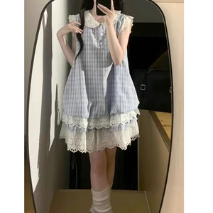 Sweet Cute Summer Plaid Dress Peter Pan Collar Lace Trim Japanese Style Cake Dress Blue Casual Daily Wear - Product Image 3