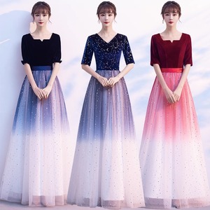 Long Evening Gown For Women Choir Performance A-Line Empire Waist Square Collar Contrast Color Polyester Stage Costume - Product Image 1