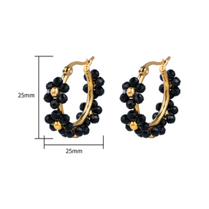 Pendientes de Aro Chapados en Oro con Cuentas de Cristal Negro, Diseño de Flor, 25 mm, Joyería Moderna para Uso Diario para Mujer - Product Image 1