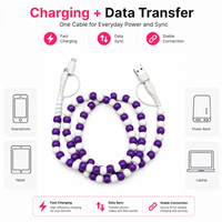 Câble de charge rapide USB multifonction 4-en-1 violet et blanc avec perles, accessoires de voiture tendance, cadeau créatif, cordon de données Type C