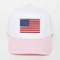 Casquette de baseball bicolore en coton réglable avec visière imprimée à rayures fines, ornée de patchs brodés drapeau américain et de lettres unies