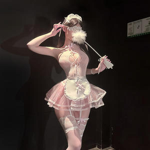 Lencería Sexy para Mujer, Uniforme de Sirvienta con Encaje Rosa, Espalda Descubierta, Vestido Babydoll Transparente, Disfraz de Sirvienta Exótica - Product Image 2