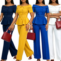 Ensemble deux pièces pour femmes, haut décontracté formel sexy à épaules dénudées à manches courtes avec pantalon large à jambes fines, taille plus, pour le bureau, pour adultes