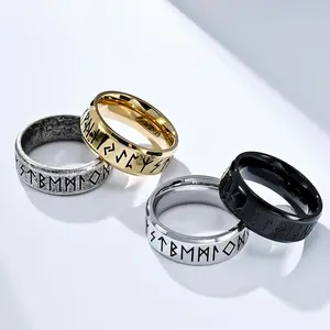 Anillo de acero de titanio en texto vikingo 빈티지 라운드 바이킹 바이킹 Lun 캐릭터 고품질 티타늄 스틸 반지