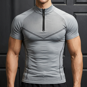 Men's Half Zip <b>Mock</b> <b>Neck</b> Compression T-Shirt Short Sleeve Quick Dry Gym Workout <b>Top</b> Breathable Fitness Bodybuilding Tee - Product Image 1