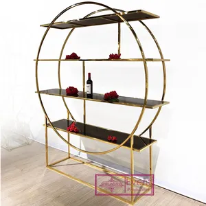 Large circle three layers gold stainless steel black tempered glass top wine display rack