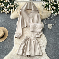 Ensemble 3 pièces décontracté pour femme, style doux, automne, avec top tube, veste courte à capuche et jupe taille haute