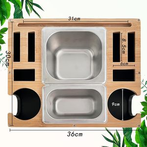 Caddy de consola lacada para artículos diversos, bandeja de consola de sofá de madera de bambú moderna con dos bandejas para aperitivos - Product Image 6
