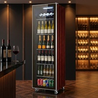 Réfrigérateur de présentation vertical de luxe avec finition en bois de rose, porte vitrée simple, pour vin, bière et spiritueux, avec étagères métalliques réglables