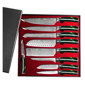 Popular 9 Pieces Laser Pattern German Steel Colorful Handle Boxed Kitchenware Knife Gift Set